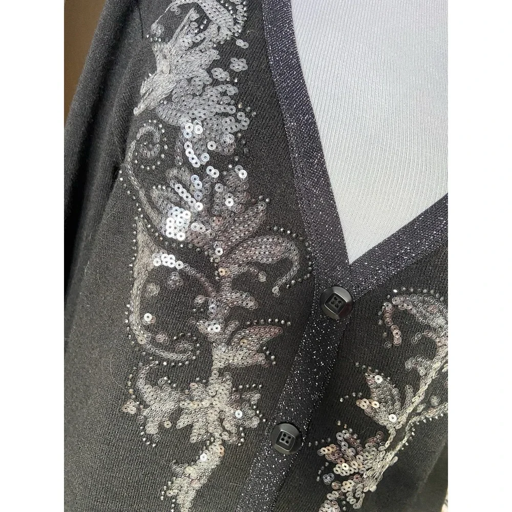 Y2K Miss Me Sequin Embroidered Cardigan Sweater‎ Size L Black McBling Soft Goth